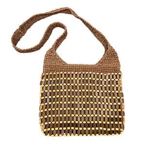 Boho Wood Beaded Crochet Shoulder Hand Bag Brown Knit Purse Hippie Beach Tote